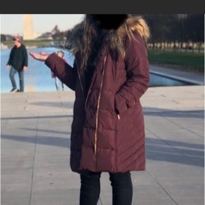 LIKE NEW!! Women’s Cole Haan Asymmetrical Zip Puffer Jacket w/ Faux Fur Hood